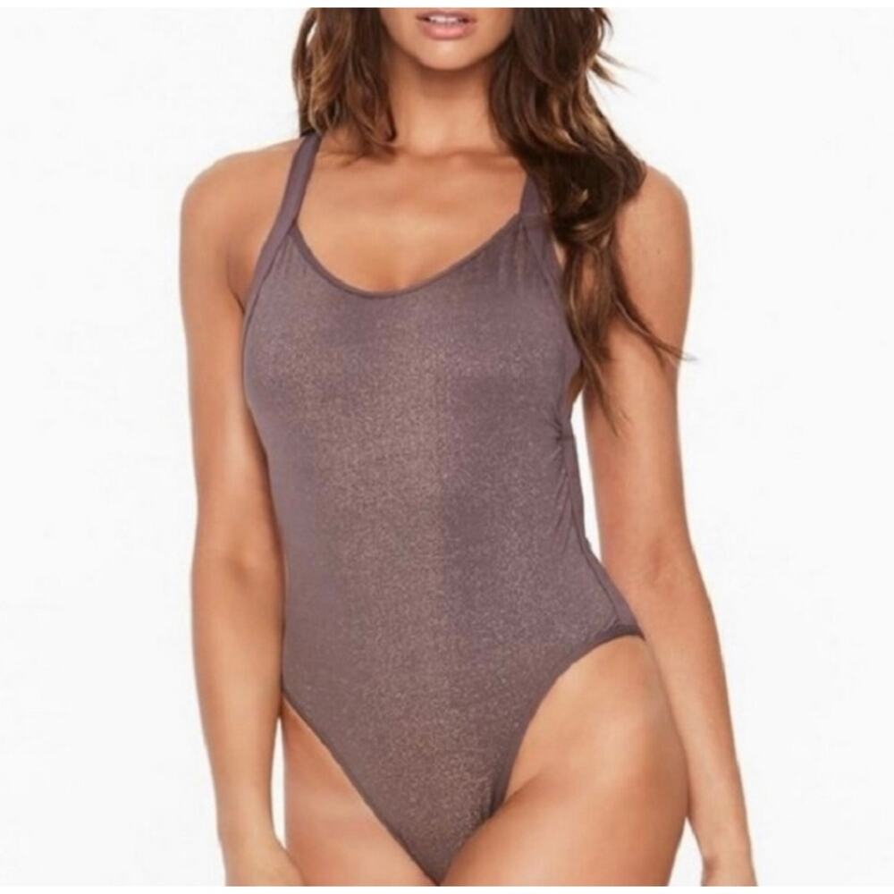 L*SPACE Purple Shimmer Criss Cross Low Back One Piece Swimsuit